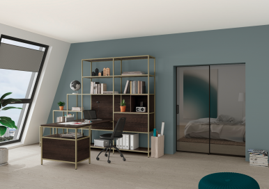 Raumplus Gleittüren - Modernes Homeoffice mit Bücherregal und eleganter Glas-Gleittür von raumplus zum Schlafzimmer.
